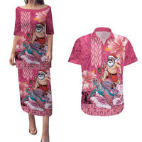 Hawaii Mele Kalikimaka Couples Matching Puletasi and Hawaiian Shirt Funny Santa with Tribal Tattoos Kakau Pink Color LT03 Pink - Polynesian Pride