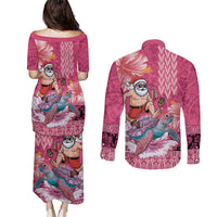 Hawaii Mele Kalikimaka Couples Matching Puletasi and Long Sleeve Button Shirt Funny Santa with Tribal Tattoos Kakau Pink Color LT03 - Polynesian Pride