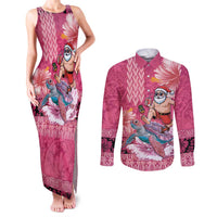 Hawaii Mele Kalikimaka Couples Matching Tank Maxi Dress and Long Sleeve Button Shirt Funny Santa with Tribal Tattoos Kakau Pink Color LT03 Pink - Polynesian Pride