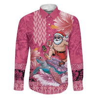 Hawaii Mele Kalikimaka Family Matching Off Shoulder Short Dress and Hawaiian Shirt Funny Santa with Tribal Tattoos Kakau Pink Color LT03 Dad's Shirt - Long Sleeve Pink - Polynesian Pride