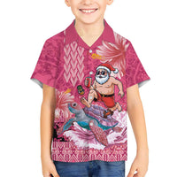 Hawaii Mele Kalikimaka Family Matching Off Shoulder Short Dress and Hawaiian Shirt Funny Santa with Tribal Tattoos Kakau Pink Color LT03 Son's Shirt Pink - Polynesian Pride