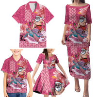 Hawaii Mele Kalikimaka Family Matching Puletasi and Hawaiian Shirt Funny Santa with Tribal Tattoos Kakau Pink Color LT03 - Polynesian Pride