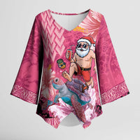 Hawaii Mele Kalikimaka Kimono Sleeve Blouse Funny Santa with Tribal Tattoos Kakau Pink Color LT03 Female Pink - Polynesian Pride
