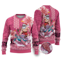 Hawaii Mele Kalikimaka Ugly Christmas Sweater Funny Santa with Tribal Tattoos Kakau Pink Color LT03 Pink - Polynesian Pride