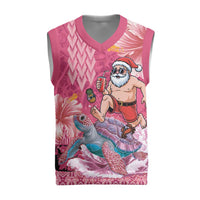 Hawaii Mele Kalikimaka Christmas Knitted V-Neck Vest Funny Santa with Tribal Tattoos Kakau Pink Color LT03 Pink - Polynesian Pride