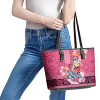 Hawaii Mele Kalikimaka Leather Tote Bag Funny Santa with Tribal Tattoos Kakau Pink Color LT03 - Polynesian Pride
