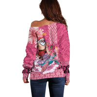 Hawaii Mele Kalikimaka Off Shoulder Sweater Funny Santa with Tribal Tattoos Kakau Pink Color LT03 - Polynesian Pride