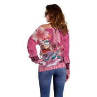 Hawaii Mele Kalikimaka Off Shoulder Sweater Funny Santa with Tribal Tattoos Kakau Pink Color LT03 - Polynesian Pride