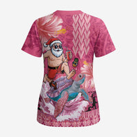 Hawaii Mele Kalikimaka Scrub Top Funny Santa with Tribal Tattoos Kakau Pink Color LT03 - Polynesian Pride