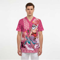Hawaii Mele Kalikimaka Scrub Top Funny Santa with Tribal Tattoos Kakau Pink Color LT03 - Polynesian Pride