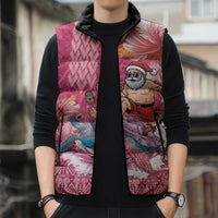 Hawaii Mele Kalikimaka Sleeveless Puffer Jacket Funny Santa with Tribal Tattoos Kakau Pink Color LT03 - Polynesian Pride