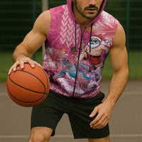 Hawaii Mele Kalikimaka Sleeveless Zip Hoodie Funny Santa with Tribal Tattoos Kakau Pink Color LT03 - Polynesian Pride