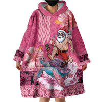 Hawaii Mele Kalikimaka Wearable Blanket Hoodie Funny Santa with Tribal Tattoos Kakau Pink Color LT03 - Polynesian Pride