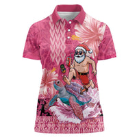 Hawaii Mele Kalikimaka Women Polo Shirt Funny Santa with Tribal Tattoos Kakau Pink Color LT03 Female Pink - Polynesian Pride