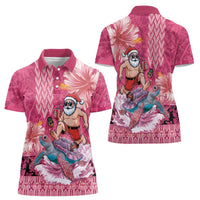 Hawaii Mele Kalikimaka Women Polo Shirt Funny Santa with Tribal Tattoos Kakau Pink Color LT03 - Polynesian Pride