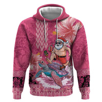 Hawaii Mele Kalikimaka Zip Hoodie Funny Santa with Tribal Tattoos Kakau Pink Color LT03 Pullover Hoodie Pink - Polynesian Pride