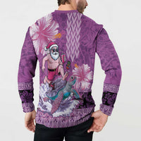 Hawaii Mele Kalikimaka Button Sweatshirt Funny Santa with Tribal Tattoos Kakau Purple Color LT03 - Polynesian Pride
