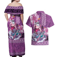 Hawaii Mele Kalikimaka Couples Matching Off Shoulder Maxi Dress and Hawaiian Shirt Funny Santa with Tribal Tattoos Kakau Purple Color LT03 - Polynesian Pride
