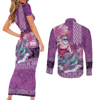 Hawaii Mele Kalikimaka Couples Matching Short Sleeve Bodycon Dress and Long Sleeve Button Shirt Funny Santa with Tribal Tattoos Kakau Purple Color LT03 - Polynesian Pride