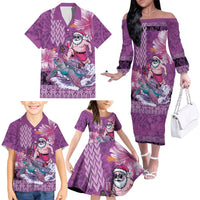 Hawaii Mele Kalikimaka Family Matching Off The Shoulder Long Sleeve Dress and Hawaiian Shirt Funny Santa with Tribal Tattoos Kakau Purple Color LT03 - Polynesian Pride