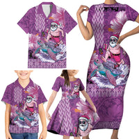 Hawaii Mele Kalikimaka Family Matching Short Sleeve Bodycon Dress and Hawaiian Shirt Funny Santa with Tribal Tattoos Kakau Purple Color LT03 - Polynesian Pride