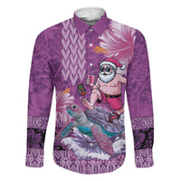 Hawaii Mele Kalikimaka Family Matching Short Sleeve Bodycon Dress and Hawaiian Shirt Funny Santa with Tribal Tattoos Kakau Purple Color LT03 Dad's Shirt - Long Sleeve Purple - Polynesian Pride