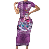 Hawaii Mele Kalikimaka Family Matching Short Sleeve Bodycon Dress and Hawaiian Shirt Funny Santa with Tribal Tattoos Kakau Purple Color LT03 Mom's Dress Purple - Polynesian Pride