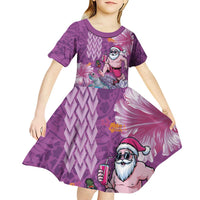 Hawaii Mele Kalikimaka Kid Short Sleeve Dress Funny Santa with Tribal Tattoos Kakau Purple Color LT03 - Polynesian Pride