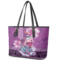 Hawaii Mele Kalikimaka Leather Tote Bag Funny Santa with Tribal Tattoos Kakau Purple Color LT03 - Polynesian Pride