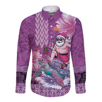 Hawaii Mele Kalikimaka Long Sleeve Button Shirt Funny Santa with Tribal Tattoos Kakau Purple Color LT03 Unisex Purple - Polynesian Pride