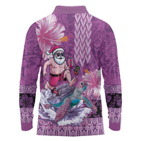 Hawaii Mele Kalikimaka Long Sleeve Polo Shirt Funny Santa with Tribal Tattoos Kakau Purple Color LT03 - Polynesian Pride