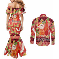 Hawaii Santa Mele Kalikimaka Couples Matching Mermaid Dress and Long Sleeve Button Shirt Tropical Puakenikeni Lei with Polynesian Tribal Pattern LT03 - Polynesian Pride