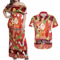 Hawaii Santa Mele Kalikimaka Couples Matching Off Shoulder Maxi Dress and Hawaiian Shirt Tropical Puakenikeni Lei with Polynesian Tribal Pattern LT03 Red - Polynesian Pride