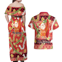 Hawaii Santa Mele Kalikimaka Couples Matching Off Shoulder Maxi Dress and Hawaiian Shirt Tropical Puakenikeni Lei with Polynesian Tribal Pattern LT03 - Polynesian Pride