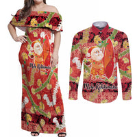 Hawaii Santa Mele Kalikimaka Couples Matching Off Shoulder Maxi Dress and Long Sleeve Button Shirt Tropical Puakenikeni Lei with Polynesian Tribal Pattern LT03 Red - Polynesian Pride