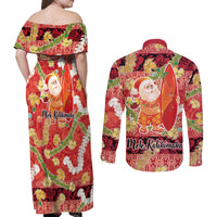 Hawaii Santa Mele Kalikimaka Couples Matching Off Shoulder Maxi Dress and Long Sleeve Button Shirt Tropical Puakenikeni Lei with Polynesian Tribal Pattern LT03 - Polynesian Pride