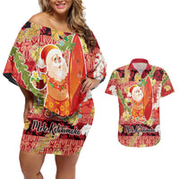 Hawaii Santa Mele Kalikimaka Couples Matching Off Shoulder Short Dress and Hawaiian Shirt Tropical Puakenikeni Lei with Polynesian Tribal Pattern LT03 Red - Polynesian Pride