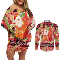Hawaii Santa Mele Kalikimaka Couples Matching Off Shoulder Short Dress and Long Sleeve Button Shirt Tropical Puakenikeni Lei with Polynesian Tribal Pattern LT03 Red - Polynesian Pride