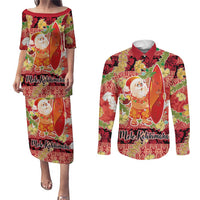 Hawaii Santa Mele Kalikimaka Couples Matching Puletasi and Long Sleeve Button Shirt Tropical Puakenikeni Lei with Polynesian Tribal Pattern LT03 Red - Polynesian Pride