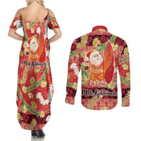 Hawaii Santa Mele Kalikimaka Couples Matching Summer Maxi Dress and Long Sleeve Button Shirt Tropical Puakenikeni Lei with Polynesian Tribal Pattern LT03 - Polynesian Pride