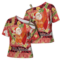 Hawaii Santa Mele Kalikimaka Cross Shoulder Shirt Tropical Puakenikeni Lei with Polynesian Tribal Pattern LT03 - Polynesian Pride