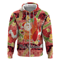 Hawaii Santa Mele Kalikimaka Hoodie Tropical Puakenikeni Lei with Polynesian Tribal Pattern LT03 Zip Hoodie Red - Polynesian Pride