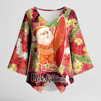 Hawaii Santa Mele Kalikimaka Kimono Sleeve Blouse Tropical Puakenikeni Lei with Polynesian Tribal Pattern LT03 Female Red - Polynesian Pride
