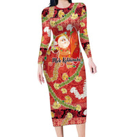 Hawaii Santa Mele Kalikimaka Long Sleeve Bodycon Dress Tropical Puakenikeni Lei with Polynesian Tribal Pattern LT03 Long Dress Red - Polynesian Pride