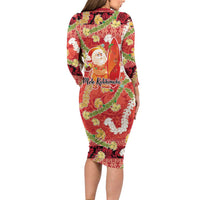 Hawaii Santa Mele Kalikimaka Long Sleeve Bodycon Dress Tropical Puakenikeni Lei with Polynesian Tribal Pattern LT03 - Polynesian Pride