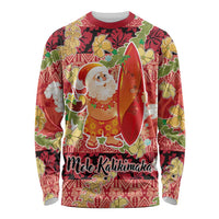 Hawaii Santa Mele Kalikimaka Long Sleeve Shirt Tropical Puakenikeni Lei with Polynesian Tribal Pattern LT03 Unisex Red - Polynesian Pride