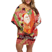 Hawaii Santa Mele Kalikimaka Off Shoulder Short Dress Tropical Puakenikeni Lei with Polynesian Tribal Pattern LT03 Women Red - Polynesian Pride