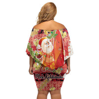 Hawaii Santa Mele Kalikimaka Off Shoulder Short Dress Tropical Puakenikeni Lei with Polynesian Tribal Pattern LT03 - Polynesian Pride