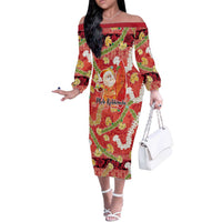 Hawaii Santa Mele Kalikimaka Off The Shoulder Long Sleeve Dress Tropical Puakenikeni Lei with Polynesian Tribal Pattern LT03 Women Red - Polynesian Pride