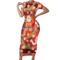 Hawaii Santa Mele Kalikimaka Short Sleeve Bodycon Dress Tropical Puakenikeni Lei with Polynesian Tribal Pattern LT03 Long Dress Red - Polynesian Pride